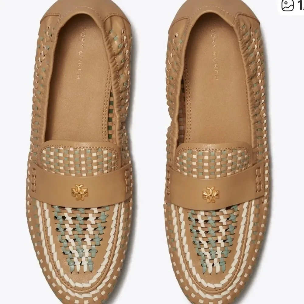 🤎 Tory Burch Tan & Teal Woven Leather Loafers Flats – Size 8.5